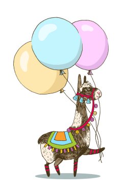 Tebrik kartı vektör tasarımı. Neşeli lama üç balon ile. İyi ki doğdun davet şablonu komik hayvan izole beyaz arka plan üzerinde. Bebek Doğum günü, parti, davet için.