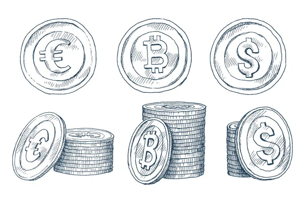 Um conjunto de ícones de moedas no fundo branco isolado. Notas bancárias dólar, notas bancárias euro, bitcoin. Símbolos de moedas em estilo esboço desenhado à mão. Ilustração vetorial. Negócio, conceito de economia . —  Vetores de Stock