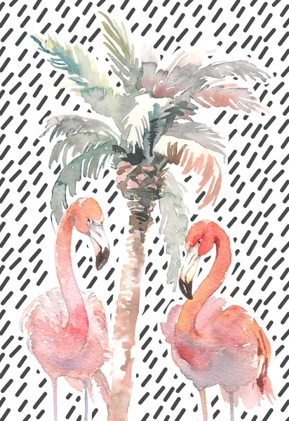 Aquarell-Palme mit zwei Flamingos auf abstraktem Hintergrund, handgezeichnete Illustration für Ihren Entwurf. für Druck, Kindereinladung, Stoff oder andere Ideen — Stockfoto