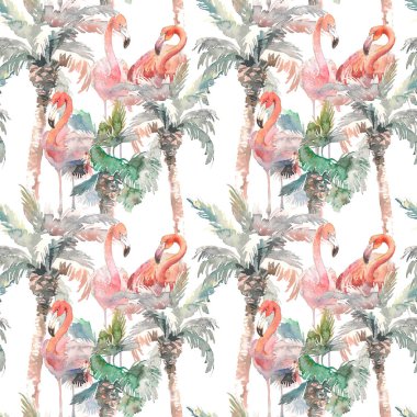 Hurma ile flamingo beyaz arka plan üzerinde elle çizilmiş illüstrasyon tasarımınız için suluboya seamless modeli. Baskı, çocuk davetiyesi, bez ya da diğer fikirler için