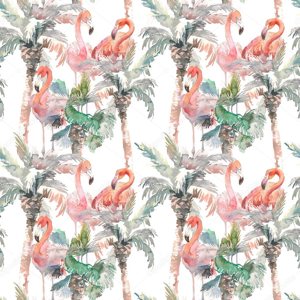 Watercolor seamless pattern of palm with flamingo on white background, Hand drawn illustration for your design. For print, kids invitation, cloth or other ideas