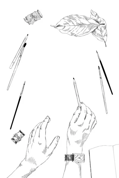 Vektorillustration. Eine Hand hält einen Bleistift. Bänder, Blätter, Pinsel herum. auf isoliertem weißen Speck. Platz für Text. Bildungskonzept. Ansicht von oben — Stockvektor