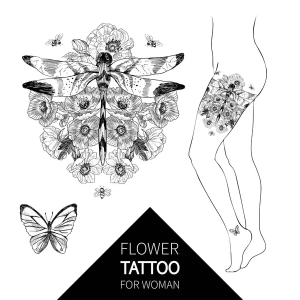 Flores y libélula. Tatuaje vectorial en estilo vintage. Ilustración aislada del vector. Logotipos del salón del tatuaje y máquina del tatuaje aislados en fondo blanco. Elementos de diseño, iconos, insignias y sellos . — Vector de stock