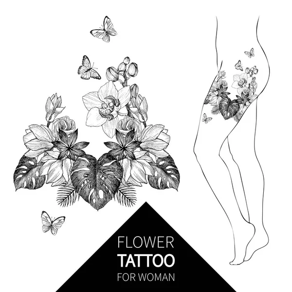 Adorno floral tropical vintage. Diseño decorativo de flores retro grabadas. Hermoso elemento decorativo botánico para elegante tatuaje de mujer — Vector de stock