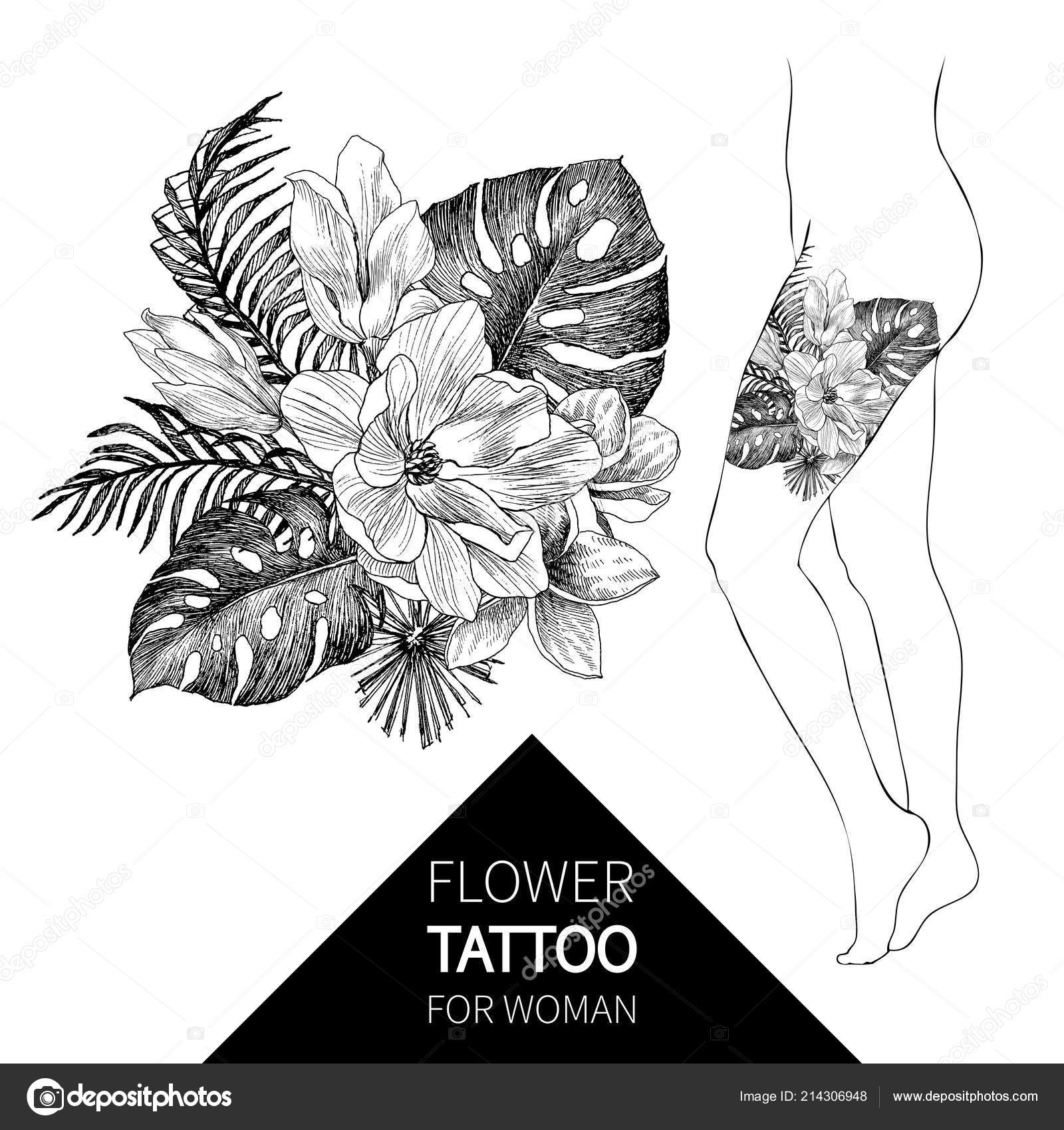 Hand drawn flowers and leaves of tropical plants palm. Exotic object floral  illustration isolated on white background. High detailed botanical  illustration. Magnolia, monstera. Elegant woman tattoo Stock Vector Image  by © #214306948
