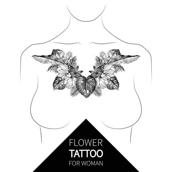 Adorno floral tropical vintage. Diseño decorativo de flores retro grabadas. Hermoso elemento decorativo botánico para elegante tatuaje de mujer — Vector de stock