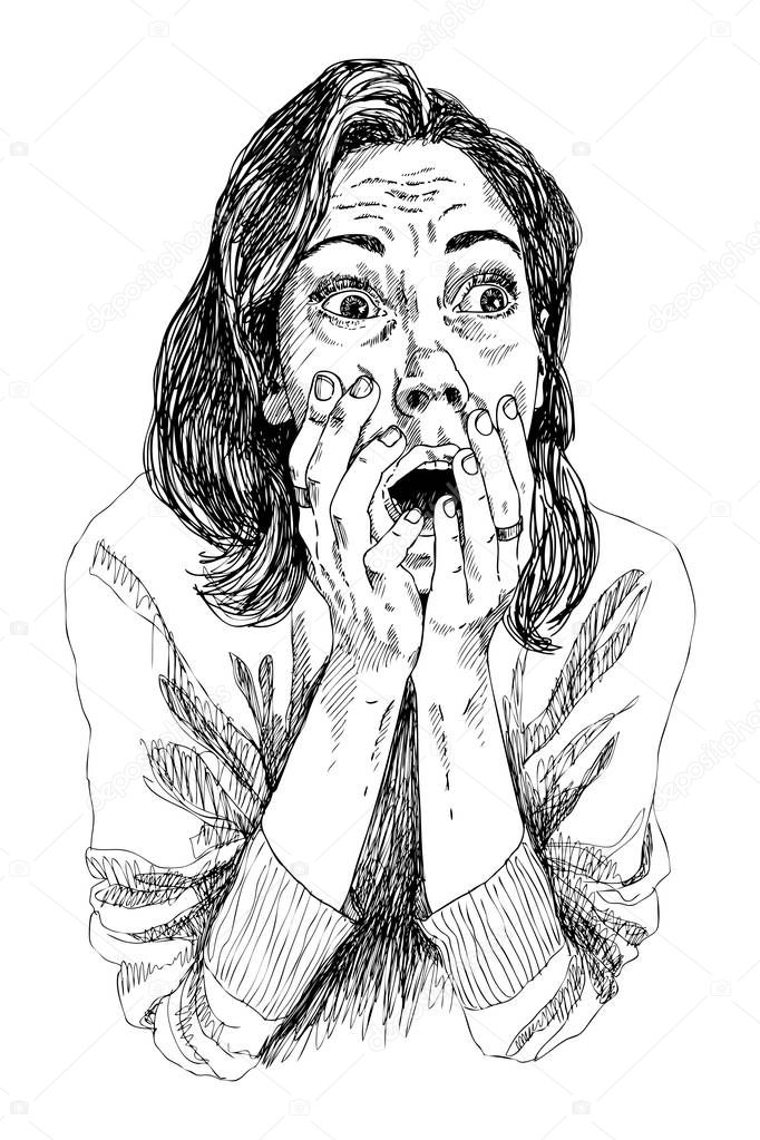 A Girl in shocked emotion. Woman holds a hand near her mouth. The girl is scared. High detailed hand drawing vector illustration.