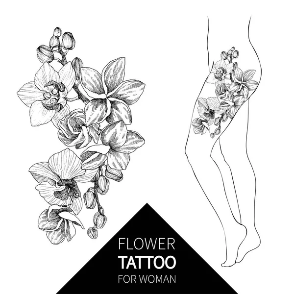 Zwarte omtrek boeket met orchidee en plumeria hand getekend op een witte achtergrond geïsoleerd. Zeer gedetailleerde vectorillustratie. Mooie exotische bloem. Elegante vrouw tattoo — Stockvector