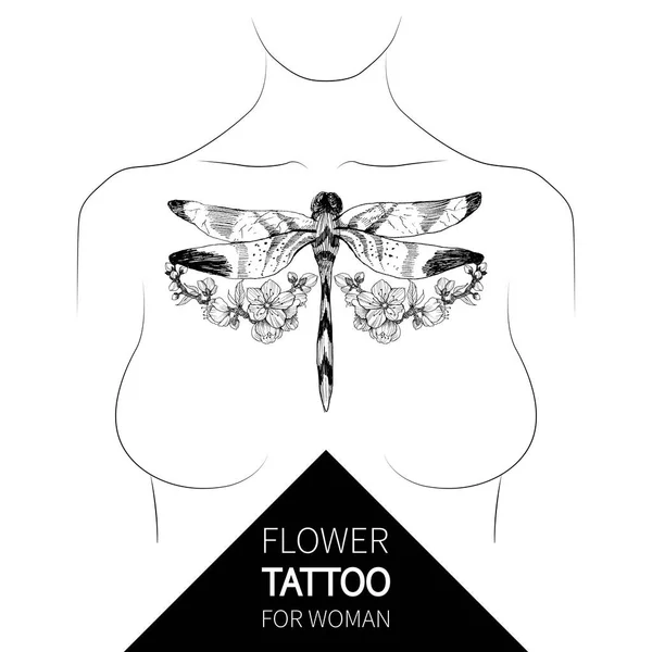 Λουλούδια και dragonfly. Διάνυσμα τατουάζ σε στυλ vintage. Απομονωμένη εικονογράφηση φορέα. Τατουάζ σαλόνι λογότυπα και τατουάζ μηχάνημα που απομονώνονται σε λευκό φόντο. Σχεδιαστικά στοιχεία, εικόνες, εμβλήματα και σφραγίδες. — Διανυσματικό Αρχείο
