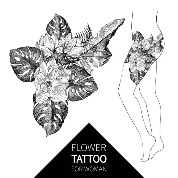 Hand getekende bloemen en bladeren van de palm van de tropische planten. Exotische object floral illustratie geïsoleerd op een witte achtergrond. Hoog gedetailleerde botanische illustratie. Magnolia, monstera. Elegante vrouw tattoo — Stockvector