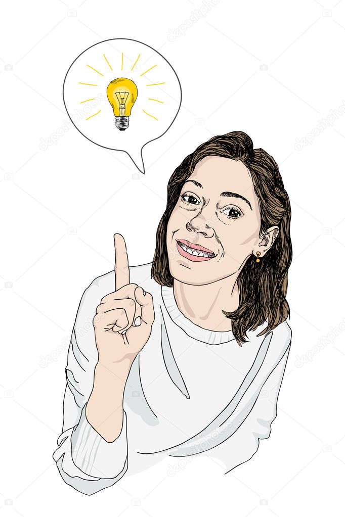 Hand draw character design portrait a young girl has good idea in speech bubble with lamp. Woman smiling and raising her index finger. Vector hand drawing illustration