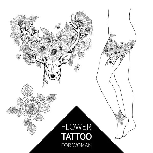 Hand getekend realistische herten omringd door bloemen. Mooie zeer gedetailleerde vectorillustraties geïsoleerd. Middeleeuwse sfeer. Elegante tattoo ontwerp, liefde en vrijheid symbool. Elegante vrouw tattoo — Stockvector