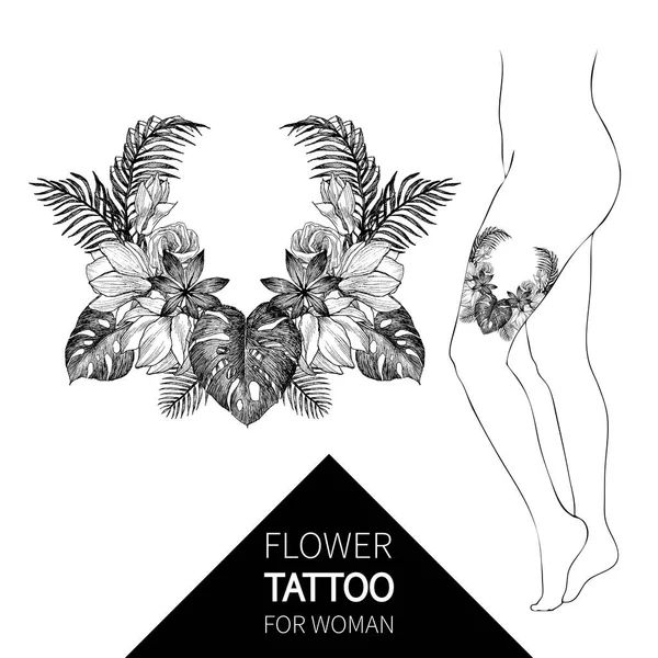 Vintage tropische bloemen sieraad. Decoratieve ontwerp met gegraveerde retro bloemen. Prachtige botanische decoratief element voor de elegante vrouw tattoo — Stockvector