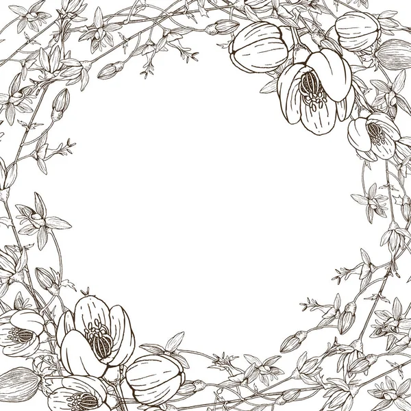 Une couronne de fleurs sauvages. Vecteur. Oeuvre dessinée à la main. Concept Love pour les invitations de mariage, cartes, billets, félicitations, branding, logo de boutique, étiquette. Croquis de style botanique — Image vectorielle