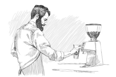 Genç barista adam. Vektör çizim kalem tarzı. Yüksek ayrıntıları taslağını kahve barda bir adamla. Kahve kavramı. Restaurant konseptini.
