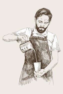 Genç barista adam. Vektör çizim kalem tarzı. Yüksek ayrıntıları taslağını kahve barda bir adamla. Kahve kavramı. Restaurant konseptini.