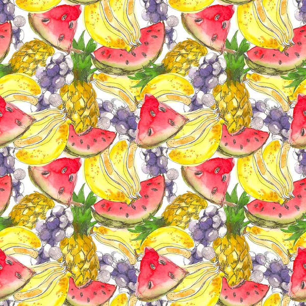 Patrón de frutas tropicales sin costura. Fondo exótico con plátano, sandía, piña y uvas para papel pintado, papel de envolver, tela. Dibujo de dibujo a mano acuarela —  Fotos de Stock