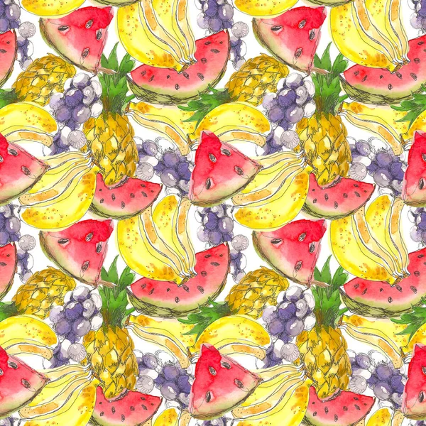 Seamless Tropical Fruits Pattern. Exotic Background with banana, watermelon, pineapple and grapes for wallpaper, wrapping Paper, fabric. Watercolor hand drawing sketch