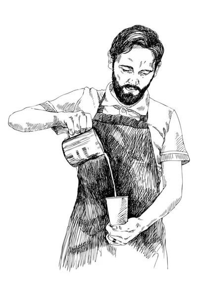 Człowiek młody barista. Ilustracja wektorowa w stylu ołówek. Wysoki poziom szczegółowości szkic człowiek w bar kawowy. Kawa koncepcja. Restauracja concept. — Wektor stockowy