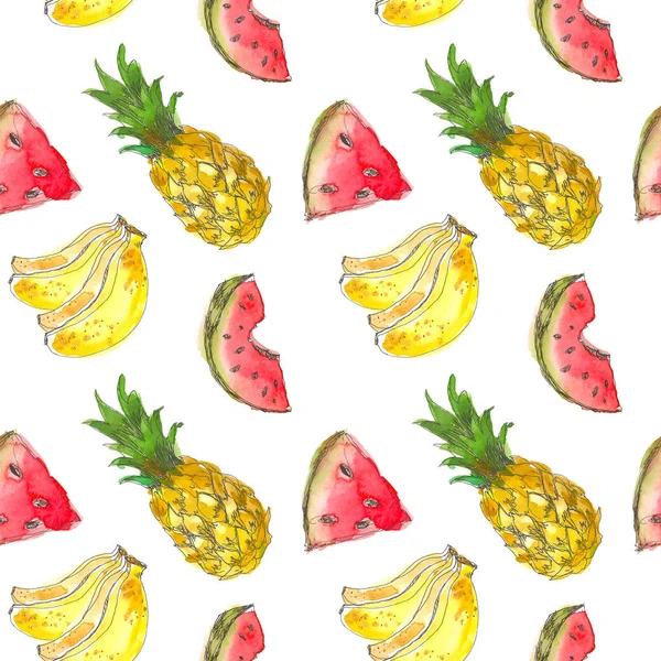 Patrón de frutas tropicales sin costura. Fondo exótico con plátano, sandía, piña para papel pintado, papel de envolver, tela. Dibujo de dibujo a mano acuarela —  Fotos de Stock