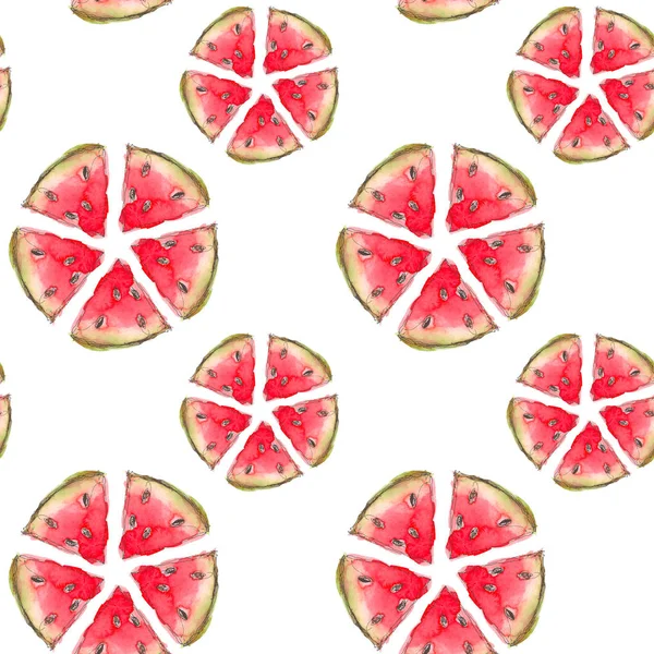 Απρόσκοπτη τροπικά φρούτα μοτίβο. Εξωτικά της φόντο με φέτα καρπούζι για ταπετσαρία, χαρτί περιτυλίγματος, ύφασμα. Ακουαρέλα χέρι σχέδιο σκίτσο. Το Top view — Φωτογραφία Αρχείου