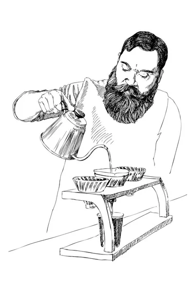 Ο άνθρωπος νεαρός barista. Εικονογράφηση διάνυσμα σε μολύβι στυλ. Υψηλή λεπτομέρειες σκίτσο ενός άνδρα σε ένα καφέ-μπαρ. Καφέ έννοια. Εστιατόριο έννοια. — Διανυσματικό Αρχείο