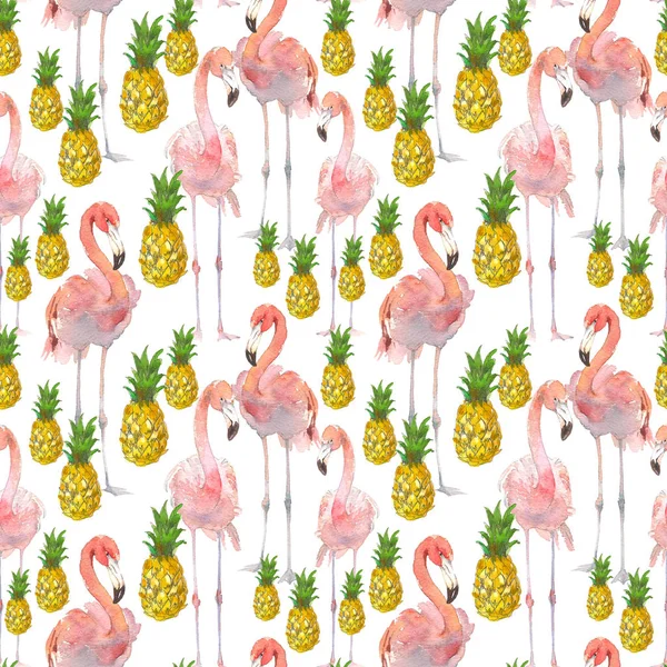 Hermoso fondo de patrón de verano sin costuras con flamenco tropical y piña. Perfecto para fondos de pantalla, fondos de página web, texturas superficiales, textiles. Ilustración dibujada a mano aislada en blanco —  Fotos de Stock