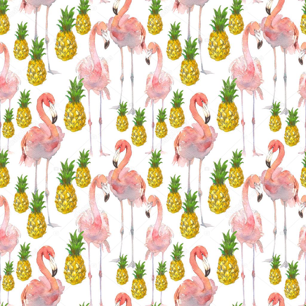 Beautiful seamless summer pattern background with tropical flamingo and pineapple. Perfect for wallpapers, web page backgrounds, surface textures, textile. Hand drawn illustration isolated on white