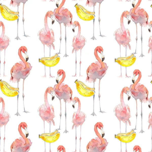 Piękne lato bezszwowe tło wzór z tropikalnych flamingo i banany. Idealny do tła strony sieci web, tekstury powierzchni, Tapety, tekstylne. Ilustracja na białym tle — Zdjęcie stockowe