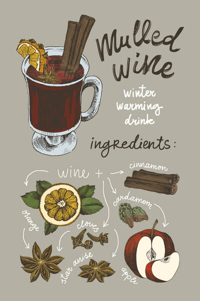 Vector sketch drawing set. Mulled wine ingredients. Mulled wine glass, orange slice, cotton, cardamom, star anise, cinnamon stick, clove in retro style. Winter menu, Christmas background.