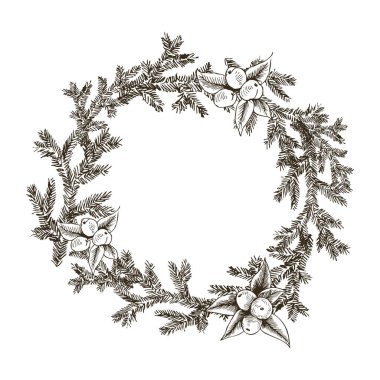 Şube ve koniler çam ve ladin ağaçları elle çizilmiş dağılımı satırlarla dekoratif çelenk yaptı. Kış arka plan. Tek renkli gerçekçi vektör çizim. Çam ağacı ile şablon tebrik kartı