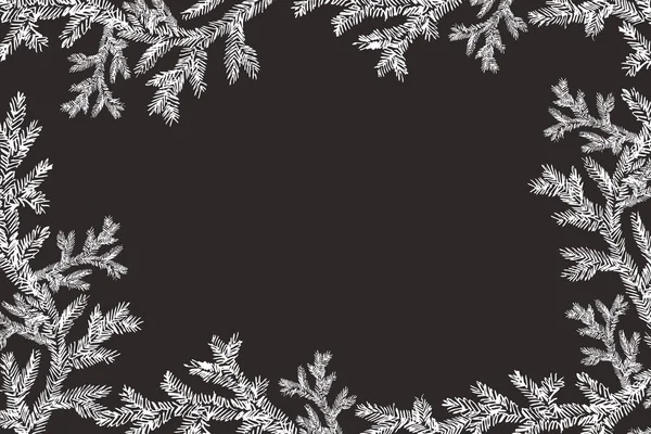 Marco de Navidad vectorial con ilustración de coníferas en pizarra. Tarjeta de invitación o felicitación vintage con rama de abeto dibujada a mano, pino, abeto, enebro. Feliz Navidad plantilla — Vector de stock