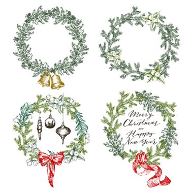 Yeni yıl tebrik kartı öğeleri. Noel çelenk ile kış çiçek ayarla. El stil oyma içinde vektör çizim çizimi.