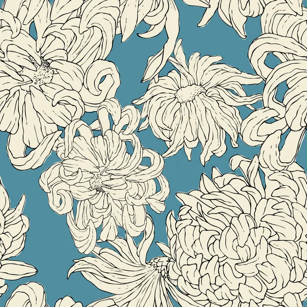 Seamless vector floral wallpaper. Decorative vintage pattern in classic style with flowers chrysantemum. Two tone ornament with creme flower silhouette on blue background. Hand drawing vector