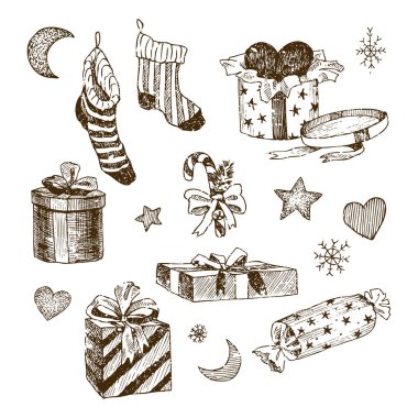 Çocuklar için Noel oyuncaklar kümesi. Şeker için çorap. Kurdela ve kalp figürlü hediyelikler. Elle çizilmiş ay ve yıldız, kar taneleri. Vintage vektör çizim