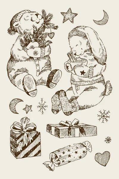 Set de Navidad, oso, conejo y regalos con estrellas y luna, copos de nieve. Elementos navideños de invierno para niños. Oso polar en pantalones y manoplas abrazando una rama de abeto. Árbol de Navidad decorado con un — Archivo Imágenes Vectoriales