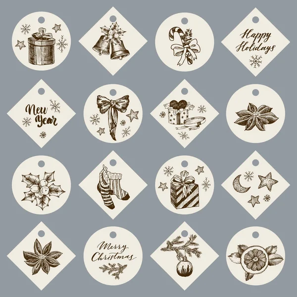 クリスマス ギフト カードやタグの文字。手描きデザイン要素です。ベクトル。ギフト。鐘、キャンディ、弓、心、スパイス、ヤドリギ、靴下、クリスマス グッズ、オレンジ、メリー クリスマスと新年あけましておめでとうございます — ストックベクタ