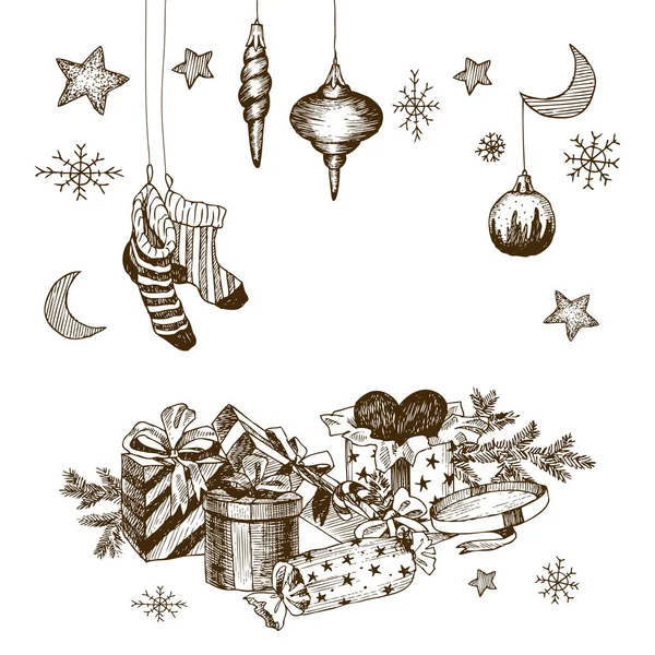 Conjunto de juguetes navideños para niños. Calcetines para caramelos. Regalos con cintas y corazón. Luna dibujada a mano y estrellas, copos de nieve. Ilustración vectorial Vintage aislada sobre fondo blanco — Archivo Imágenes Vectoriales