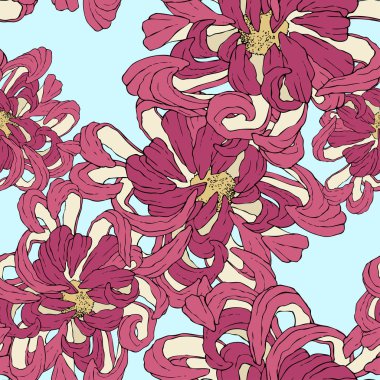 Sorunsuz vektör çiçek duvar kağıdı. Çiçek chrysantemum ile klasik tarzda dekoratif vintage desen. İki ton süsleme krem çiçek siluet üzerinde mavi arka plan ile. El çizim vektör