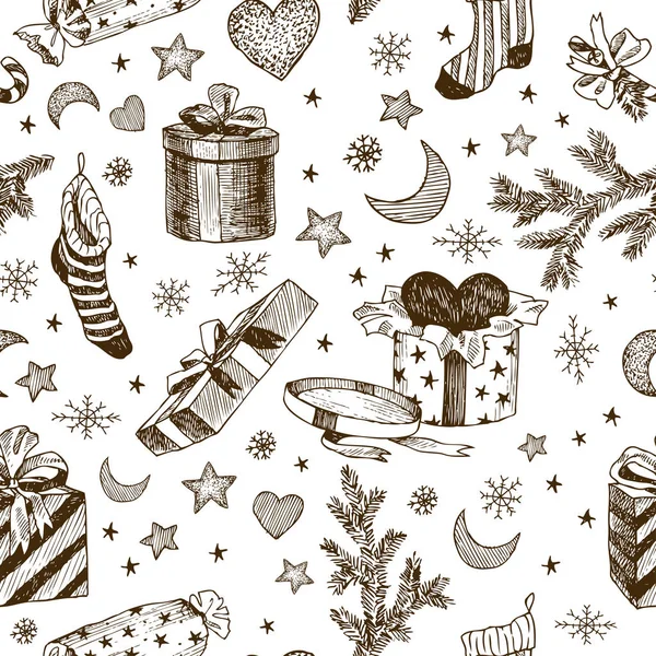 クリスマス プレゼント子供のためのシームレスなパターン。キャンディのためのソックスです。リボンとハートのギフト。クリスマスのおもちゃ、モミの枝。手描きの月や星、雪。ビンテージ ベクトル図 — ストックベクタ