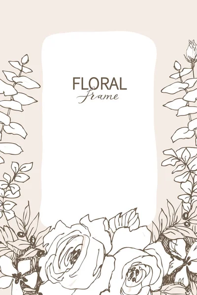 Bingkai desain vektor Floral. Mawar Linear, eukaliptus, berry, daun menyaksikan siluet putih. Kartu pernikahan merah muda. Semua elemen dapat diisolasi dan disunting . - Stok Vektor