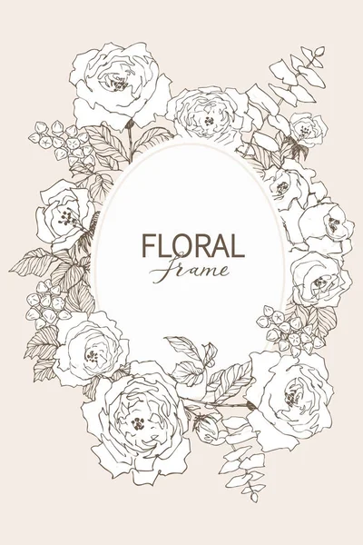 花のベクトルのデザイン フレーム。線形のバラ、ユーカリ、果実、葉予測に基づく白いシルエット。ピンクの結婚式のカード。すべての要素が分離し、編集可能です. — ストックベクタ