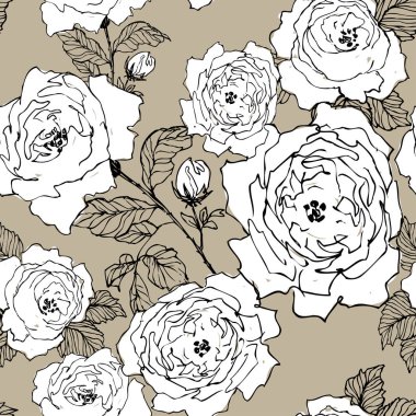 Yaban gülü çiçeği Şubesi izole kahverengi üzerine Dikişsiz desen. Elle çizilmiş çiçeği beyaz siluet ve lineer kontur ile dalları. Vintage botanik çizilmiş şekil ver. Bahar çiçekleri