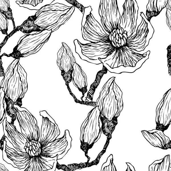 Tinta, lápiz, hojas y flores de Magnolia. Fondo de patrón sin costuras. Pintura natural dibujada a mano. Ilustración de bocetos a mano alzada — Vector de stock