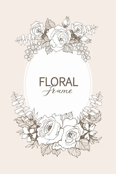 花のベクトルのデザイン フレーム。線形のバラ、ユーカリ、果実、葉予測に基づく白いシルエット。ピンクの結婚式のカード。すべての要素が分離し、編集可能です. — ストックベクタ