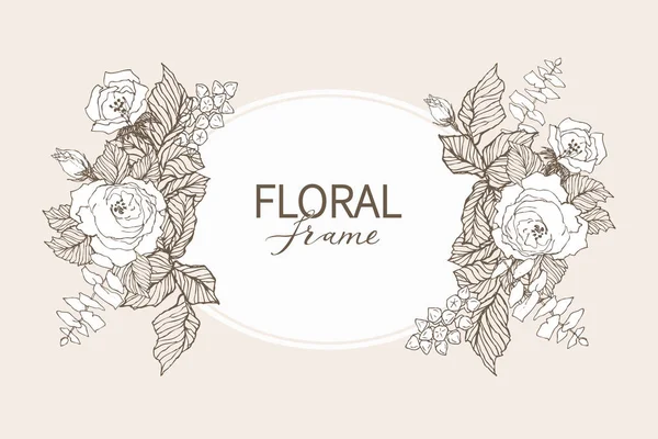 Διάνυσμα floral σχεδιασμό πλαισίου. Γραμμική τριαντάφυλλα, ευκάλυπτος, μούρα, φύλλα witn λευκή σιλουέτα. Κάρτα γάμου σε ροζ. Όλα τα στοιχεία είναι απομονωμένη και επεξεργάσιμο. — Διανυσματικό Αρχείο