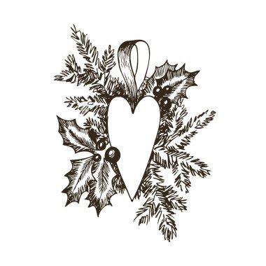 Elle çizilmiş oyuncak kalp ve kürk için Noel ağacı xmas tasarım. Toplar, oyuncak, holly Karpuzu. Vintage Xmas tasarım. Beyaz arka plan üzerinde izole