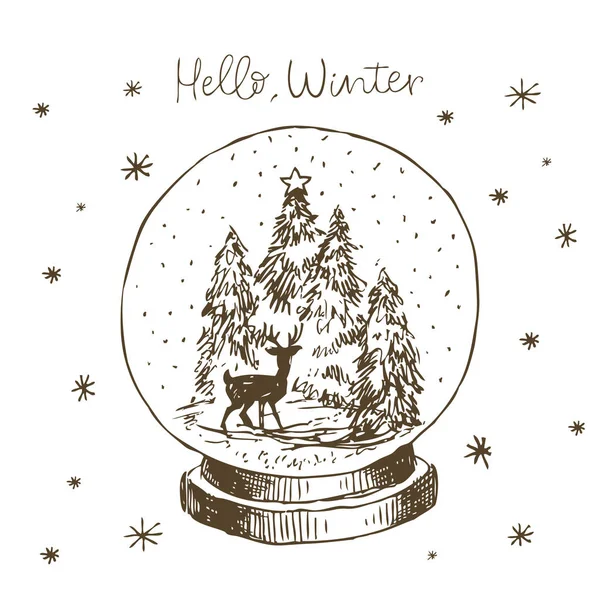 Χειμώνα χιόνι υδρόγειο με Χριστουγεννιάτικο δέντρο, το ελάφι και το χιόνι στο εσωτερικό. Χαριτωμένο χέρι διανυσματικά μαύρο και άσπρο χέρι γραμμή — Διανυσματικό Αρχείο