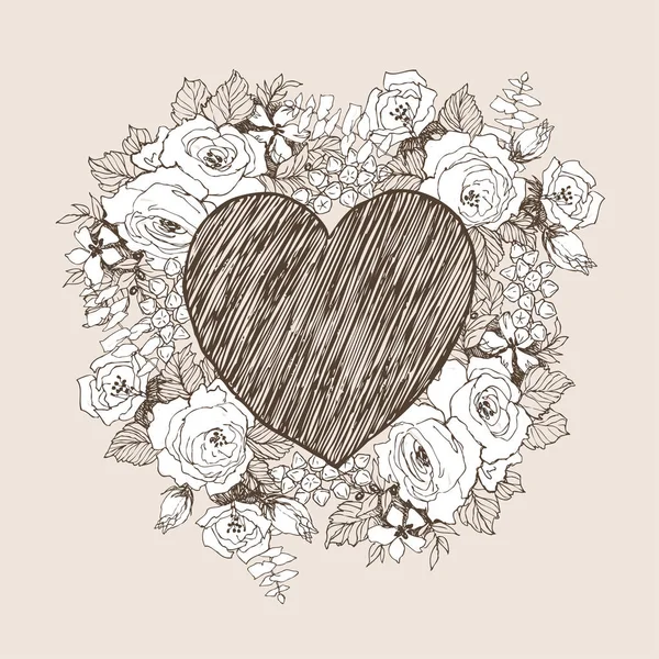 Цветочный векторный дизайн рамы с большим сердцем. Линейные розы, эвкалипт, ягоды, листья Витн белый силуэт. Свадебная открытка. День святого Валентина концепция. Понятие любви — стоковый вектор