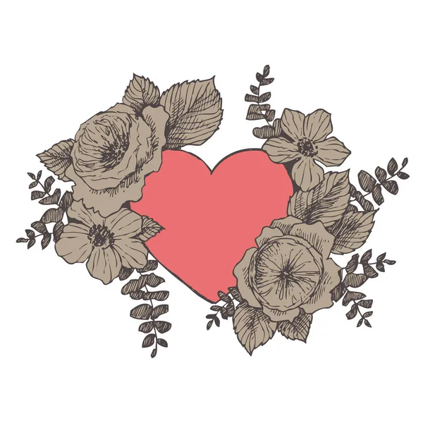 Цветочный векторный дизайн рамы с большим сердцем. Линейные розы, эвкалипт, ягоды, листья бурого силуэта. Свадебная открытка. День святого Валентина концепция. Понятие любви — стоковый вектор